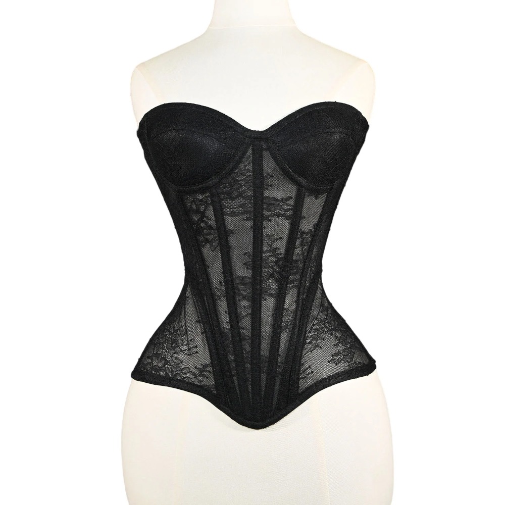 Boning Corset Steel - 女性用メッシュコルセット、バストアップオーバーバストカップ、プッシュアップブラ、花柄レースボディス、セクシーな透け感ストラップレスクロップトップ、レースアップ、スチールボーン入り