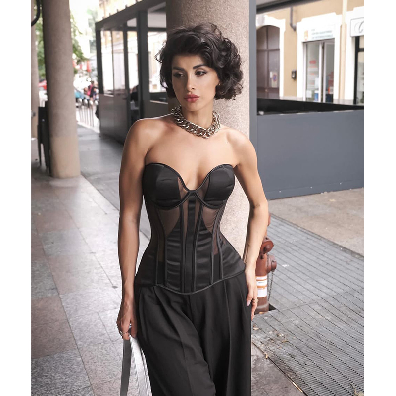 Boning Corset Steel - 女性のゴシックスリムビスチェトップ、メッシュブラ、オーバーバストコルセット、スチールボーン、セクシーストリートウェア、トップスルーをご参照ください