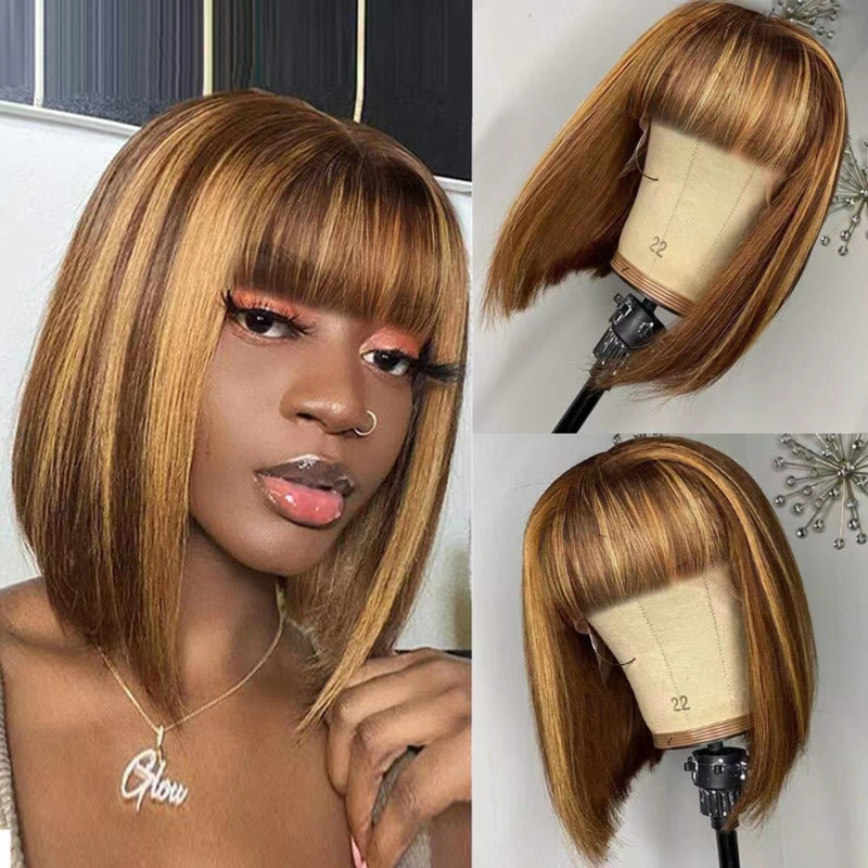 Wig Fiber Net - エアバング付きレディースショートウィッグ、BOBOスタイル、ブラウンゴールドミックスカラー、合成繊維、フルヘッドネットウィッグ