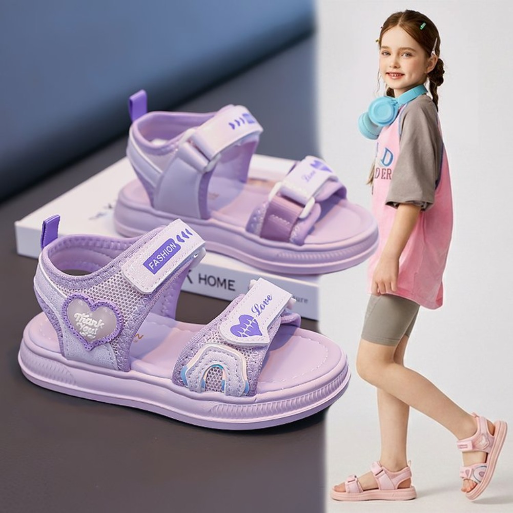 Velcro Hook Loop - 女の子用ハート型プリンセスサンダル、2026年春夏新作、ベルクロオープントゥ、ビーチシューズ、無地、ファッショナブルなスポーツスタイル