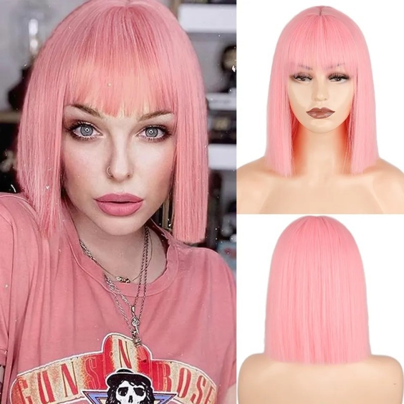 Wig Fiber Net - 女性用ストレートウィッグ、エアバング付き、ボボスタイル、リアルなボタンネットフルヘッドカバーショートヘア
