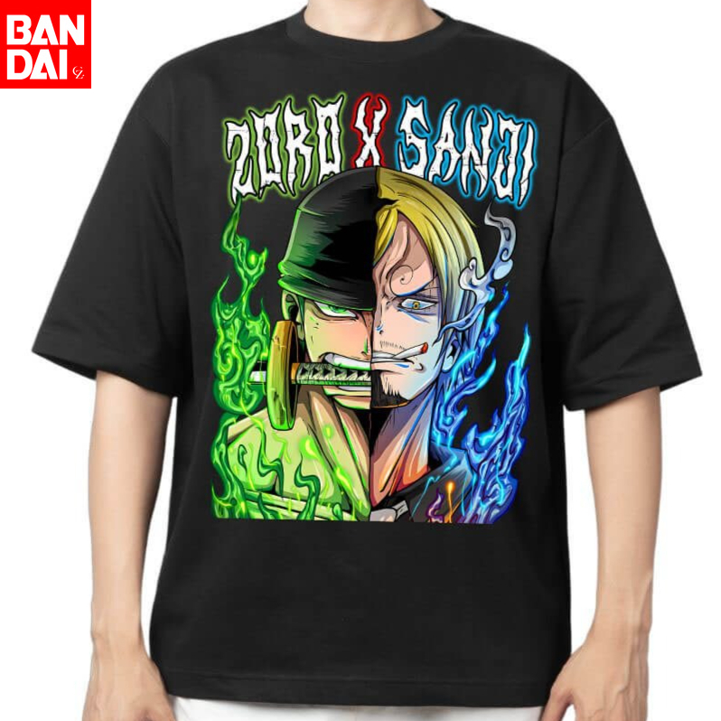 Cosplay Flame Prop - ワンピース 2026 メンズコットン Tシャツストリートアニメ特大半袖カジュアル日常着ゾロサンジフュージョングリーンブルーフレーム