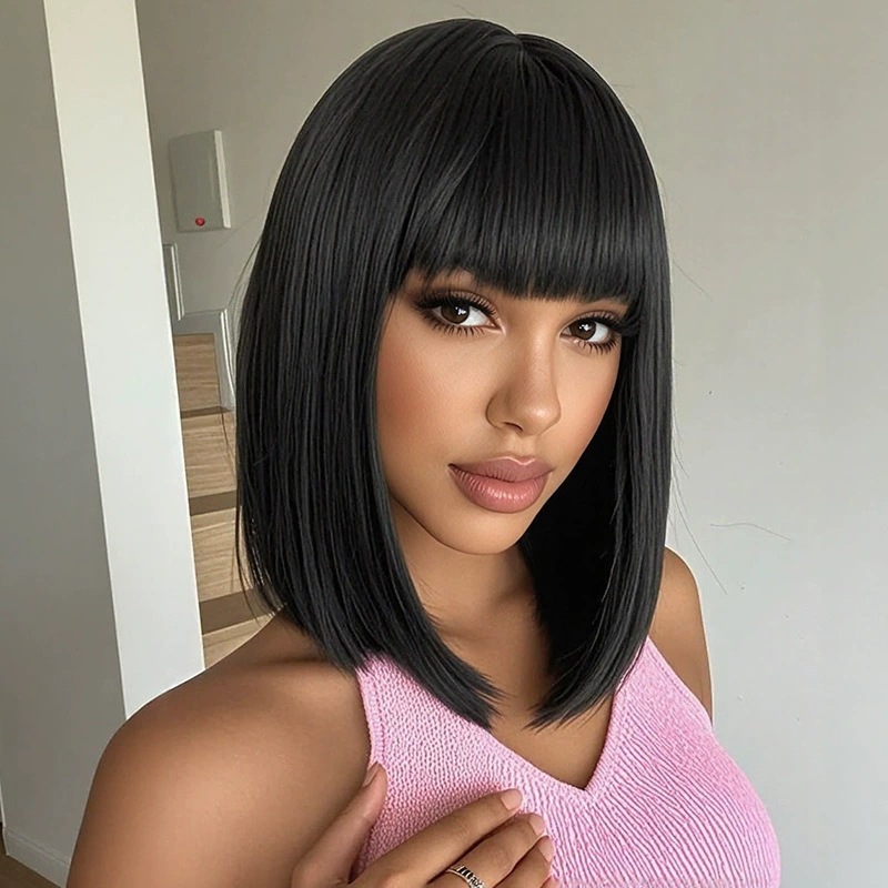 Wig Fiber Net - ファッショナブルな女性用ショートブラックボブストレートヘアウィッグ、バックルネットウィッグキャップ付き