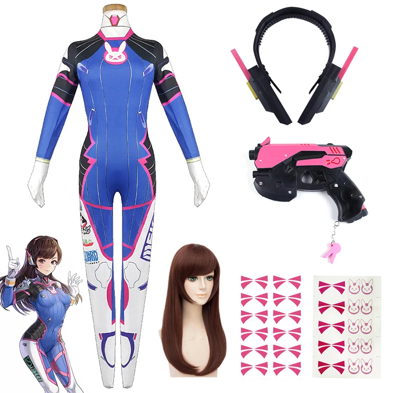Dva Cosplay Prop - ゲームオーバーウォッチ Dva コスプレ衣装タイツジャンプスーツかつらヘッドフォン銃コスプレ小道具タトゥーステッカースーツ女性パーティー全身タイツ Cos
