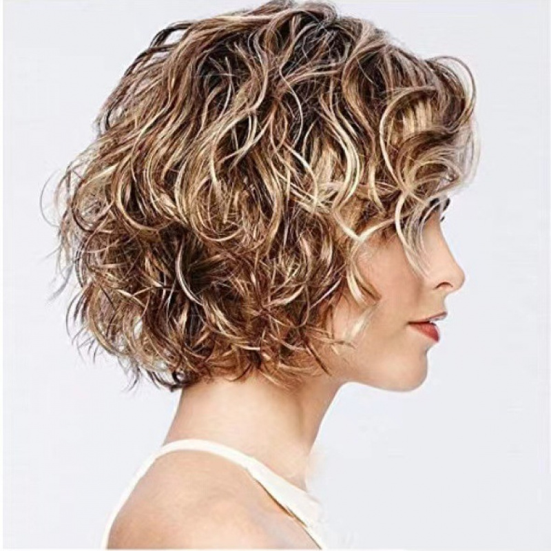 Wig Fiber Net - 女性用ヨーロッパとアメリカンスタイルのウィッグ、ゴールデンブラウンのカーリーショートヘア、直販、ローズネット、高温繊維、合成繊維