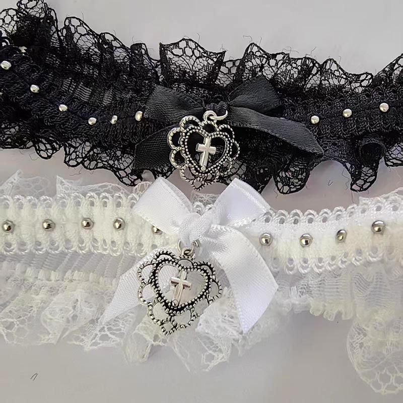 Magnetic Clasp Cosplay - ゴスブラックレースチョーカー、ボウ＆クロスハートペンダント付き、ヴィンテージY2K弾性ネックレス、女の子向け、パンクロリータコスプレカラージュエリー