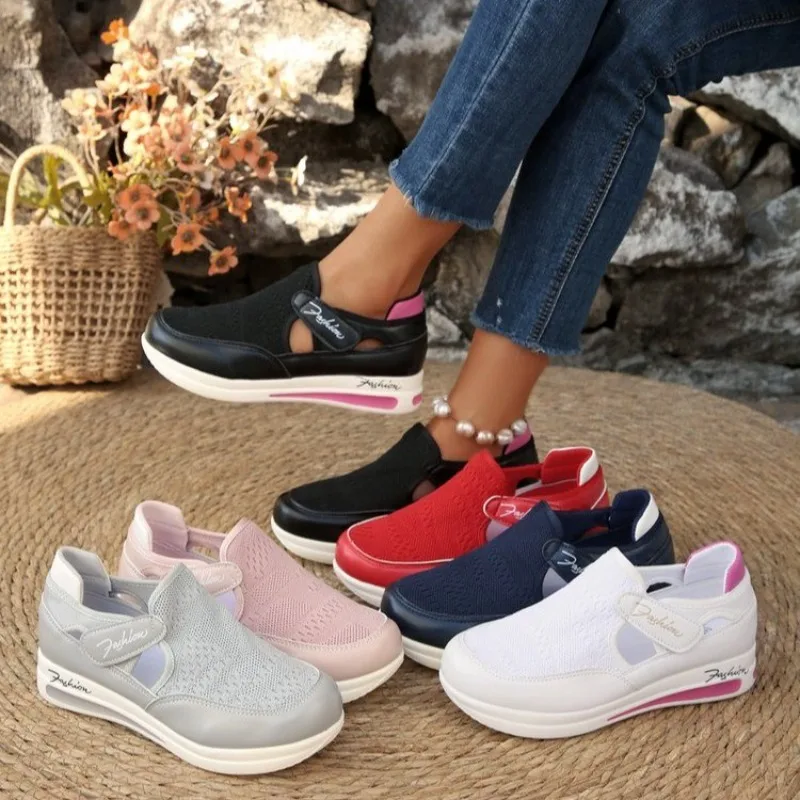 女性用プラットフォームスリッポンスニーカー、クローズドトゥ、 - Velcro Hook Loop のレビューと価格