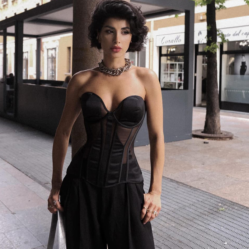 女性のゴシックスリムビスチェトップ、メッシュブラ、オーバーバ - Boning Corset Steel のレビューと価格