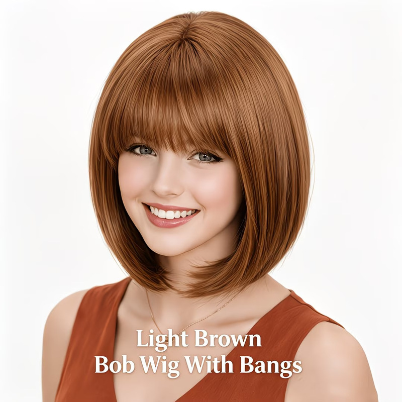エアリーな前髪のショートボブウィッグ、ライトブラウン、リアル - Wig Fiber Net のレビューと価格