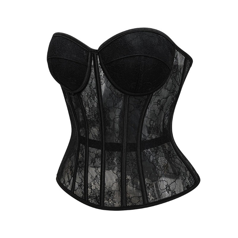 女性用オーバーバストコルセットトップ、黒の花柄レースビスチェ - Boning Corset Steel のレビューと価格