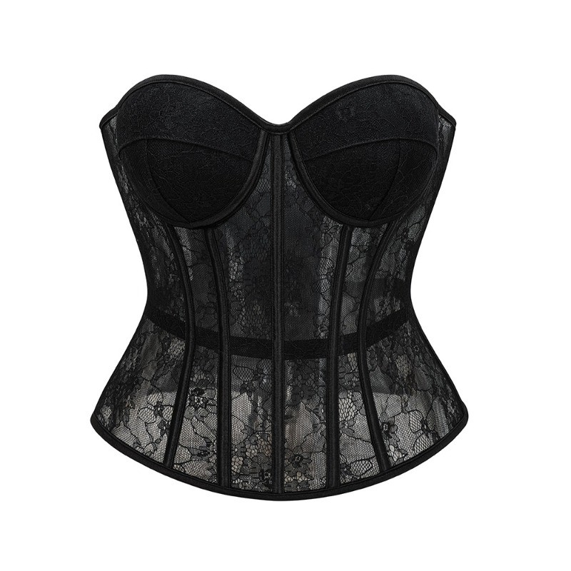 女性用オーバーバストコルセットトップ、黒の花柄レースビスチェ - Boning Corset Steel のレビューと価格