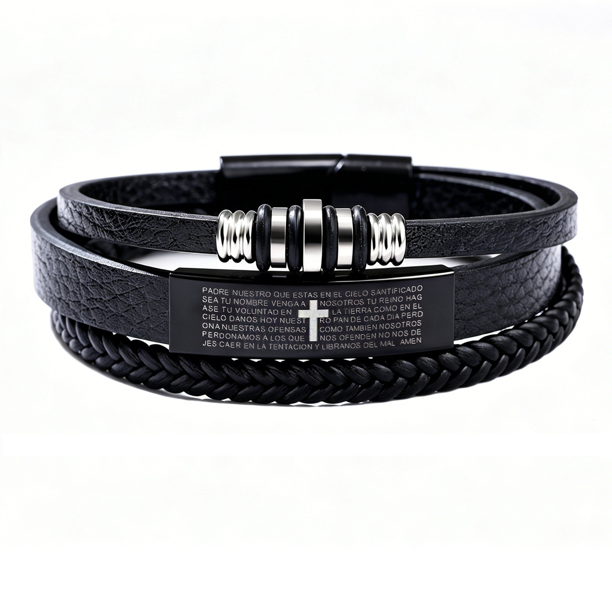 男性用三重層編み込みレザーブレスレット、クロス刻印タグ、マグ - Magnetic Clasp Cosplay のレビューと価格