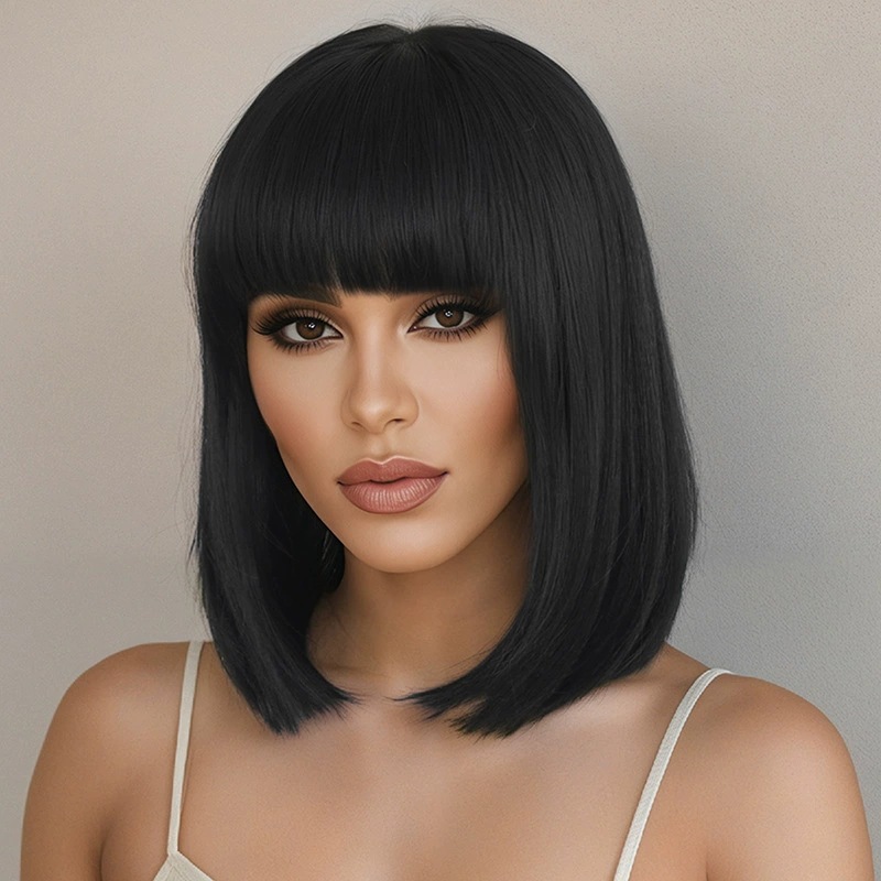 ファッショナブルな女性用ショートブラックボブストレートヘアウ - Wig Fiber Net のレビューと価格