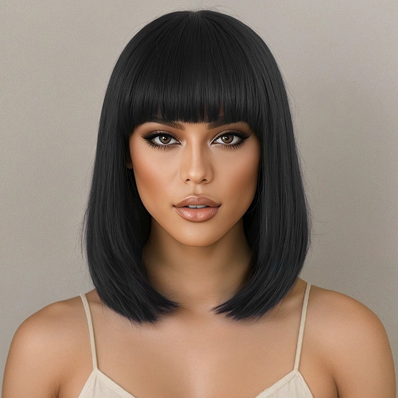ファッショナブルな女性用ショートブラックボブストレートヘアウ - Wig Fiber Net のレビューと価格
