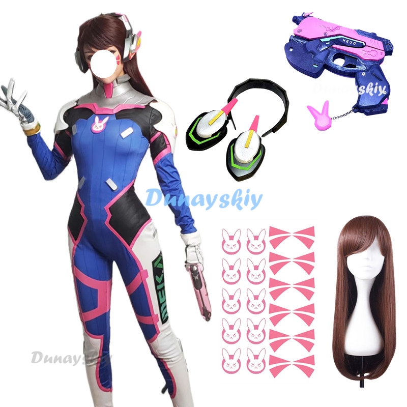 女性用タイツdvaコスチューム,全身タイツウィッグ,ヘッドフ - Dva Cosplay Prop のレビューと価格
